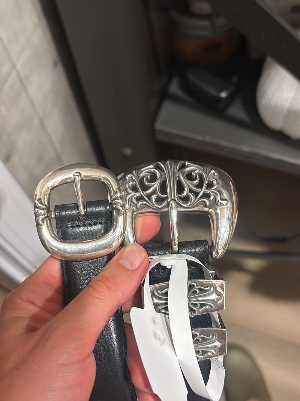 Black Leather Belt with Ornate Silver Buckle